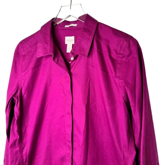 NWT Chico’s No Iron Sateen Purple Fuchsia Berry Marie Button Down Size 1/Small - Picture 4 of 9